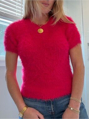 Zara Vibrant Hot Pink Fuzzy Short-Sleeve Crew Sweater